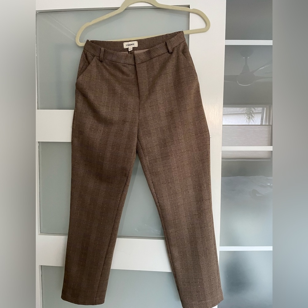 L’Agence High waisted pants tapered leg to ankle brown tan plaid. Size 2.
